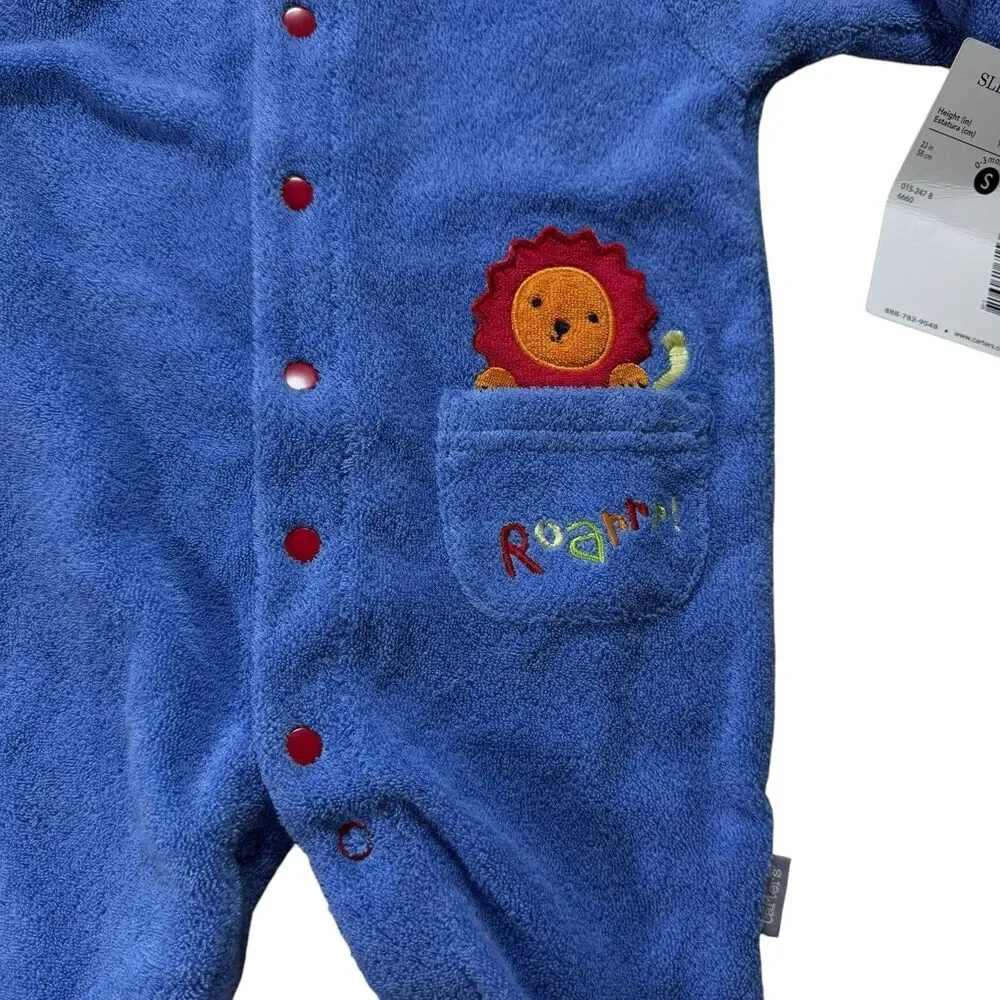 Vintage Carter’s Blue Terry Sleeper‎ Snap Footie Lion Roar Applique New S 0-3 M